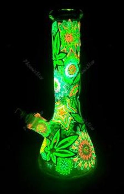 Glass Waterpipe - 34cm, Beaker, Glow In the Dark 3D Leaf Print